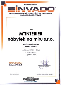 MTinterier certifikát – INVADO